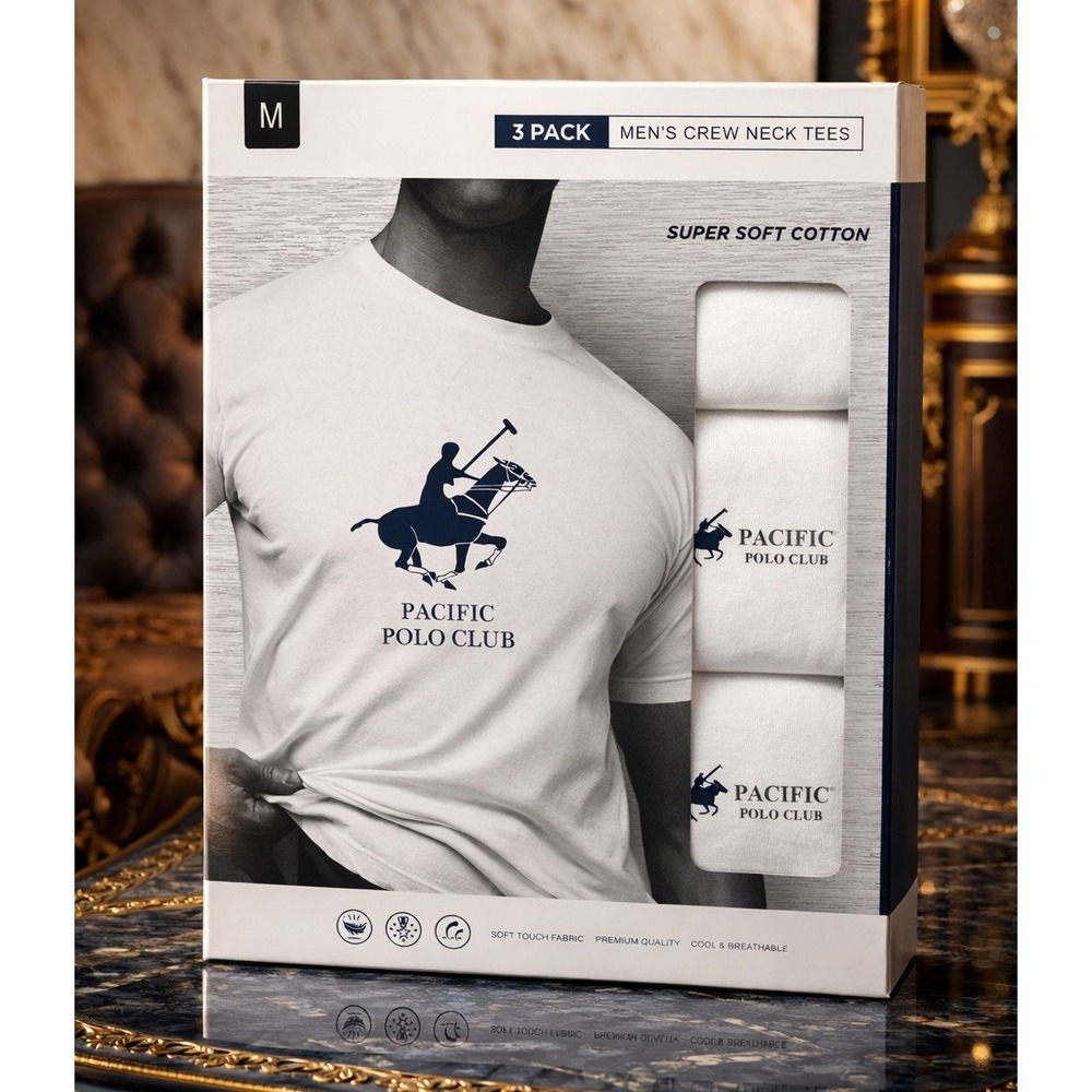 Pacific Polo Club Men's 3 Pack Crew Neck Tees White Medium 100% Cotton NIB
